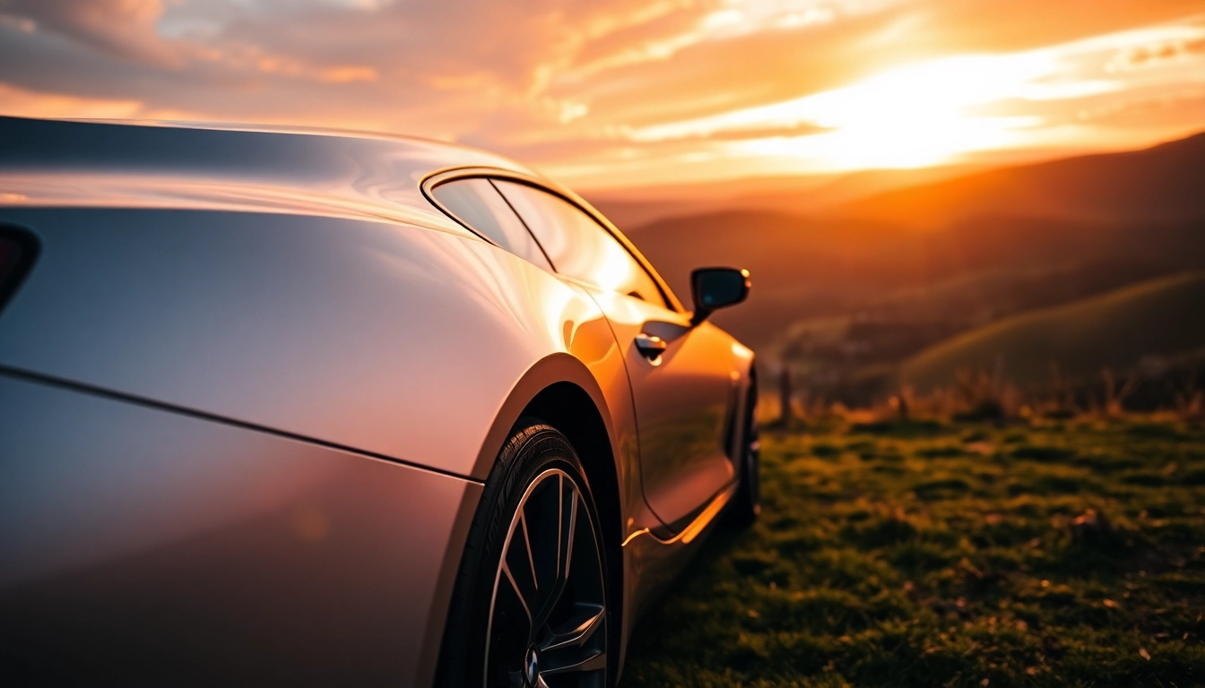 Luxury BMW car showcased elegantly against a stunning sunset backdrop, highlighting its design.