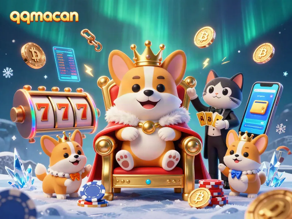 Experience thrilling victories with qqmacan as royal corgis play poker on a casino throne.