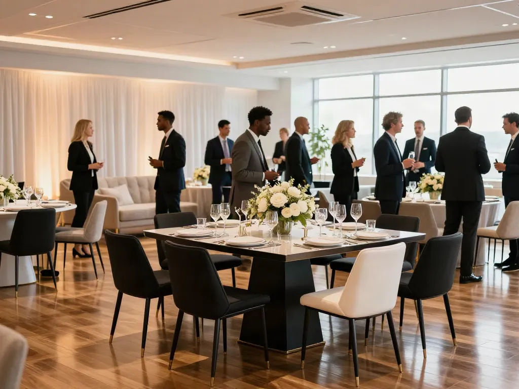 Event furniture rental showcased in an elegant corporate gathering setup with refined decor.