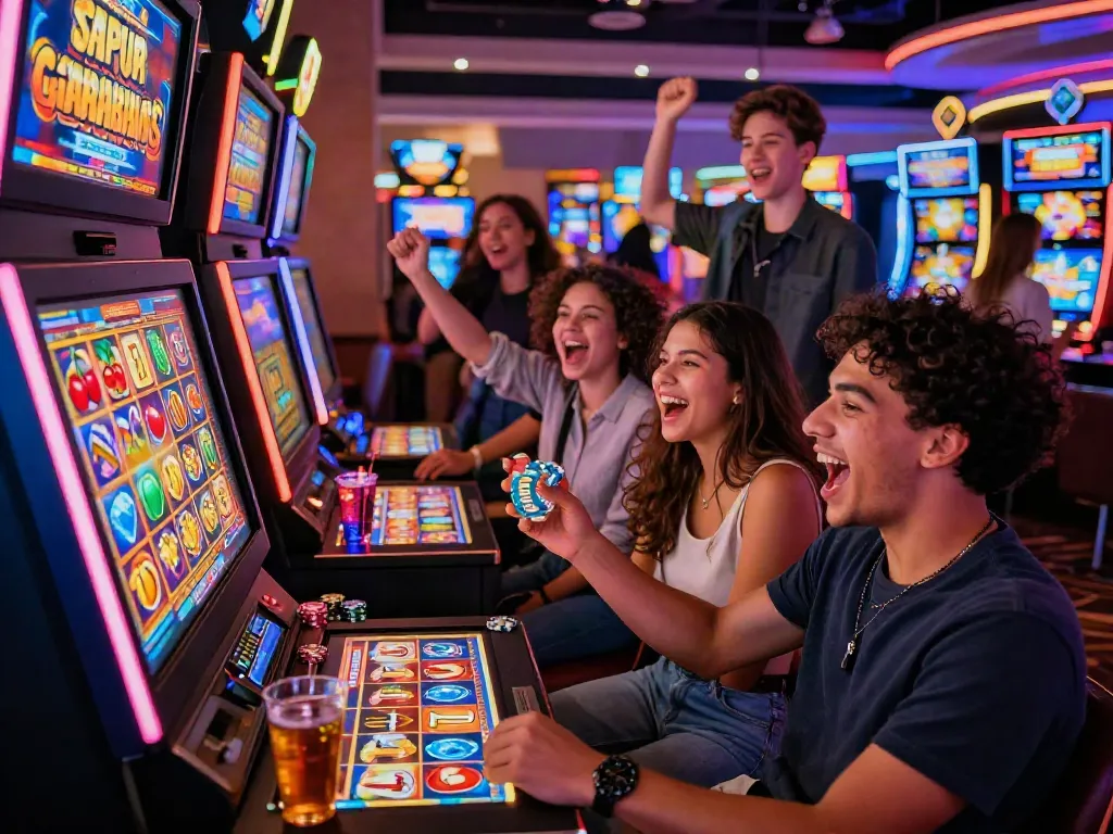Exciting scene of friends celebrating near slot gacor machines in a vibrant casino.