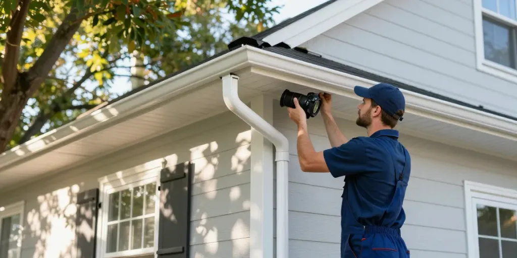 Spokane gutter company technician inspecting new seamless gutters on a beautifully maintained home