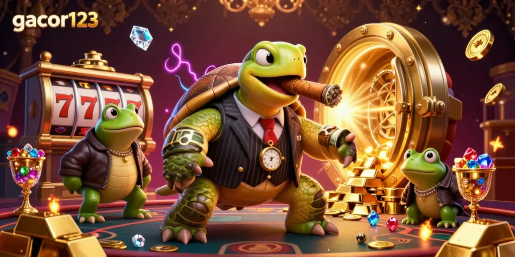 Experience gacor123 at this vibrant casino scene featuring a turtle in a vintage suit with whimsical casino elements.