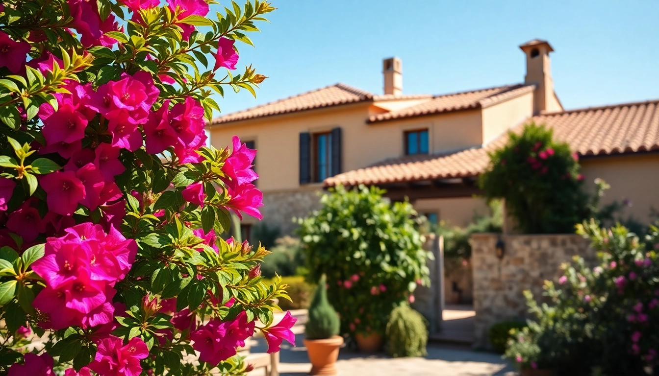 Buy Spanish house showcasing a charming villa with colorful bougainvillea and terracotta roofs.