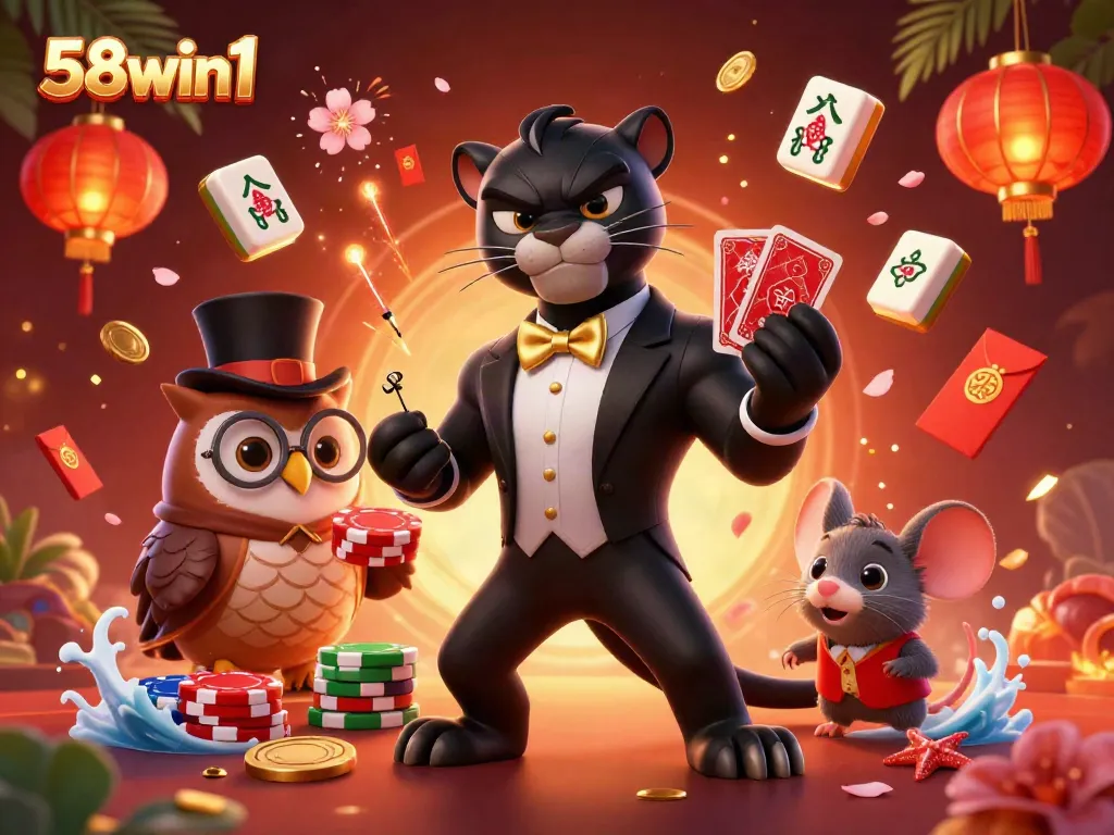Engage with thrilling games at 58win1, featuring a tuxedoed panther dealer, poker chips, and festive casino elements.