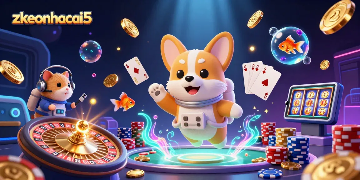 Experience the thrill of zkeonhacai5 with an astronaut corgi and vibrant casino elements floating in space.
