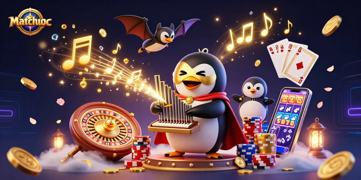 Experience matchuoc thrills in this vibrant 3D casino scene showcasing a penguin organist!