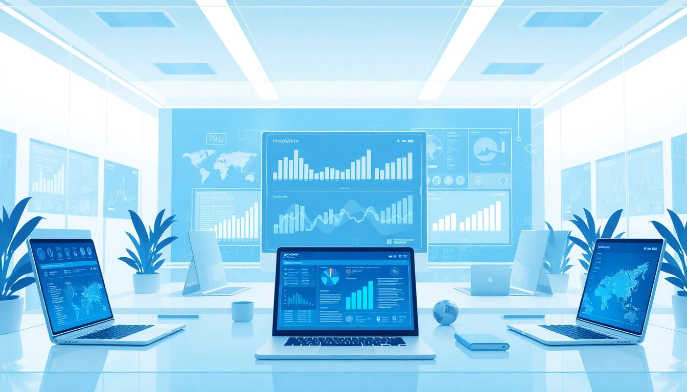 Visualize an intelligent web platform in a modern workspace featuring interactive data visualizations.