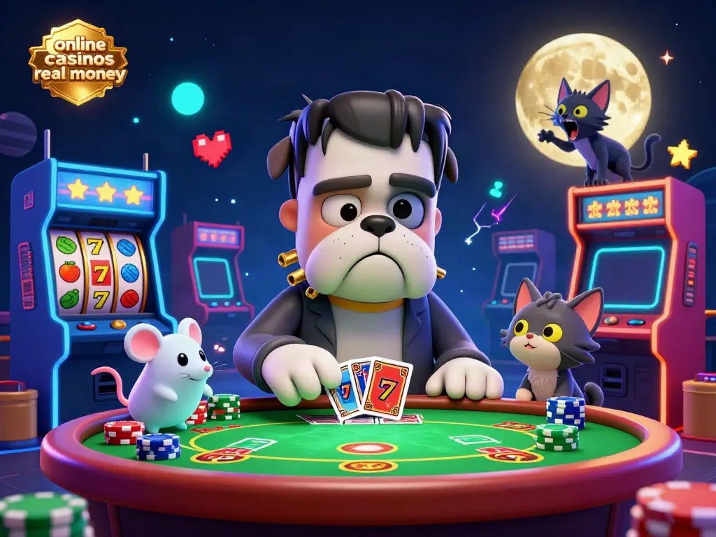 Experience thrilling action at online casinos real money featuring cartoon characters in a lively casino scene.