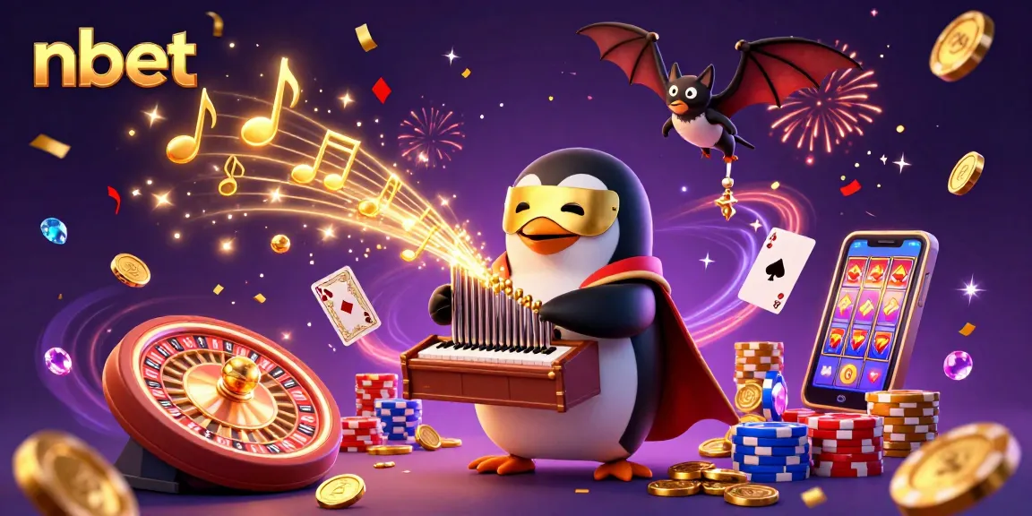 Nbet gaming scene with coins and golden accents, featuring a penguin organist and festive effects.