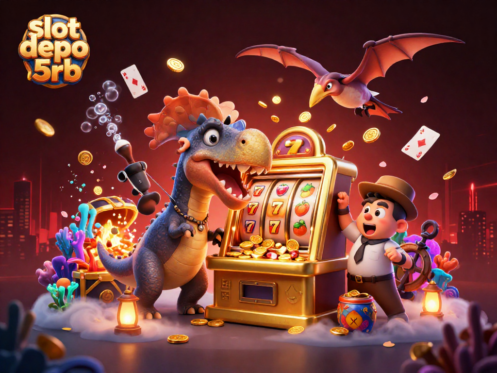 Visualize the excitement of slot depo 5rb with a dinosaur winning coins from a slot machine in this vibrant scene.