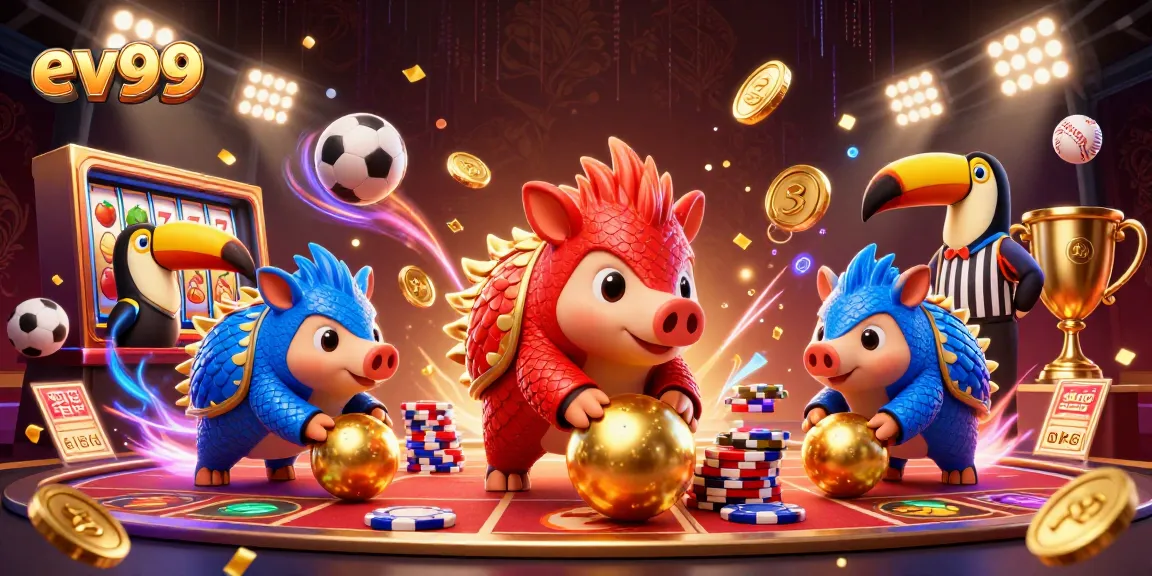 ev99 pangolins compete in a thrilling slot game showdown surrounded by vibrant casino elements
