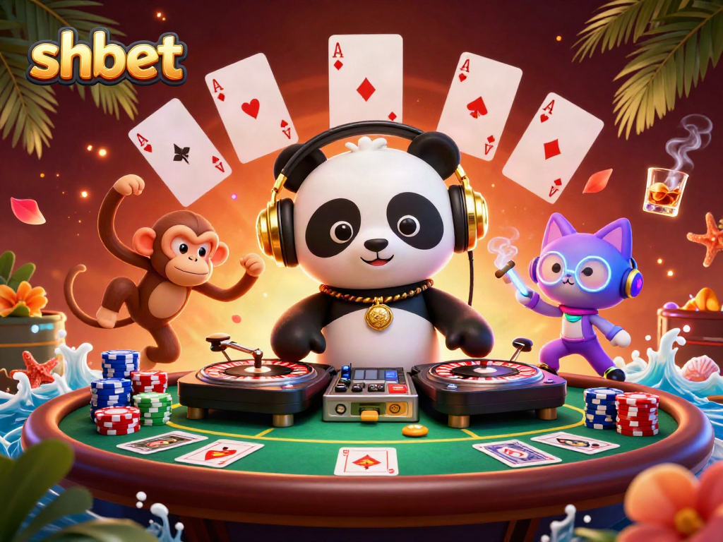 Engage with shbet's vibrant casino scene featuring a DJ panda, breakdancing monkey, and glowing kitten.
