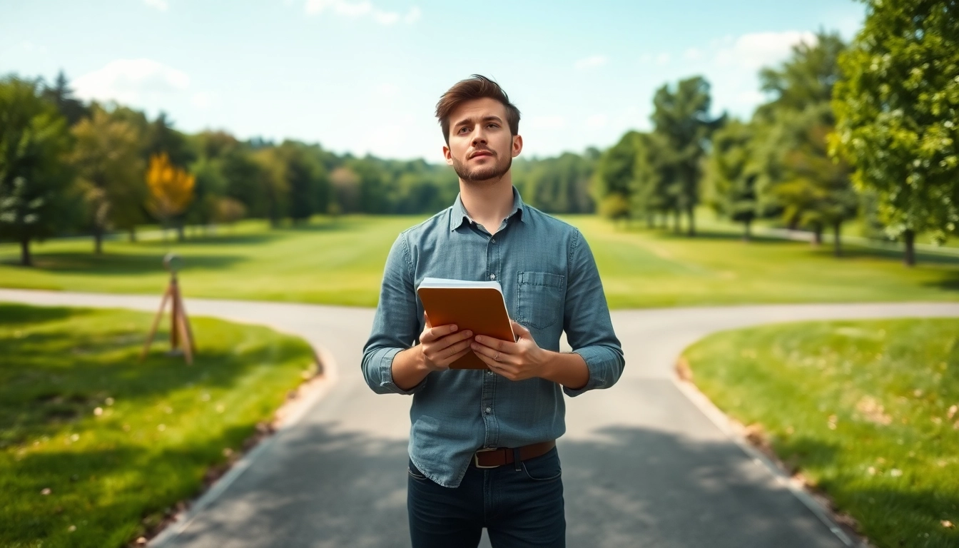 Thoughtful individual exploring their options to Find my true Calling in a beautiful park.