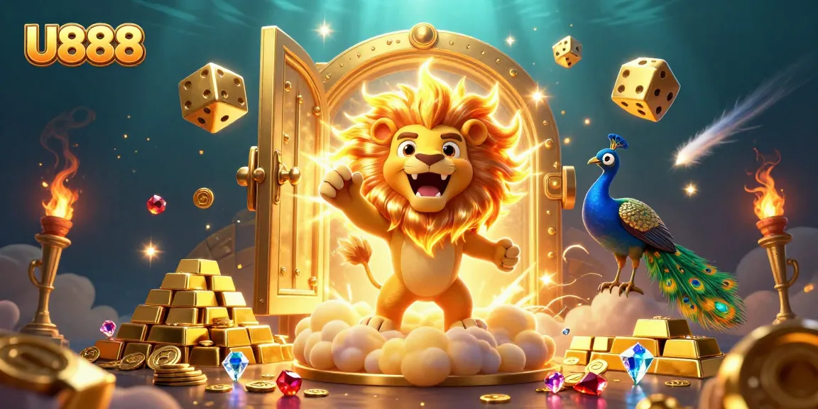 Experience the excitement of U888's gaming world with a roaring lion and dazzling treasures.