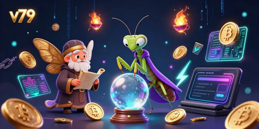 Engage with v79's dynamic casino scene featuring mystical characters amidst vibrant casino elements.