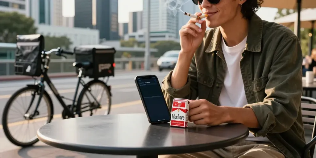 Person enjoying Marlboro Red cigarettes while using a smartphone to buy cheap cigarette online australia in a trendy café.