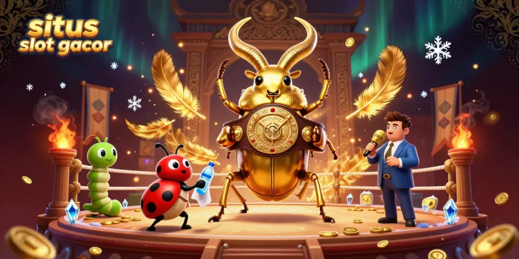 Pertarungan menarik situs slot gacor di arena kasino dengan karakter 3D, koin emas berserakan.