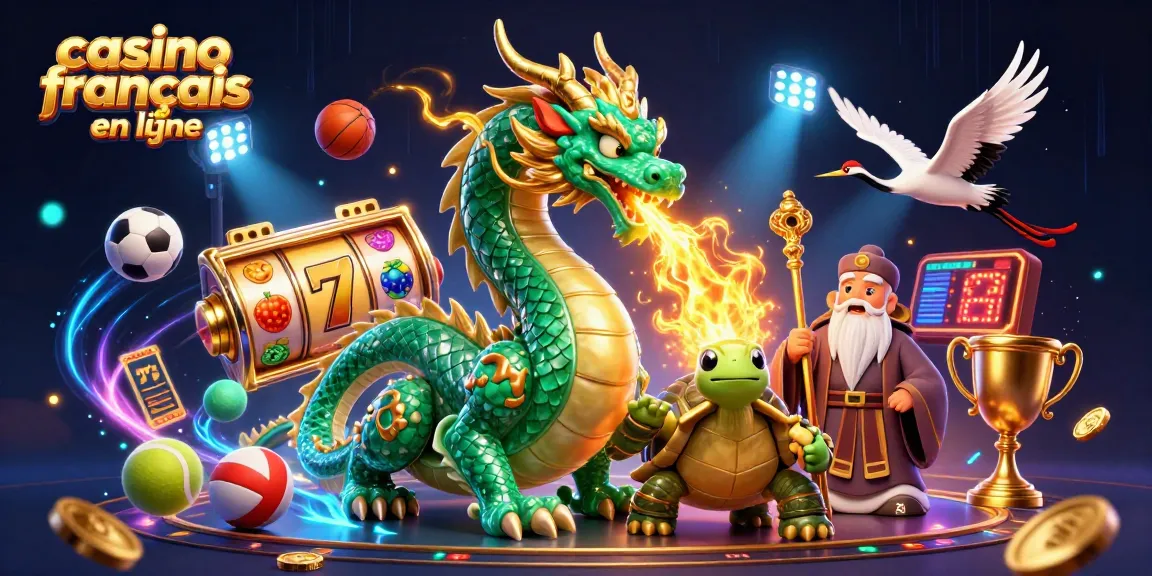 Découvrez le dynamisme du casino français en ligne avec un dragon, une tortue sage et des éléments de jeu.