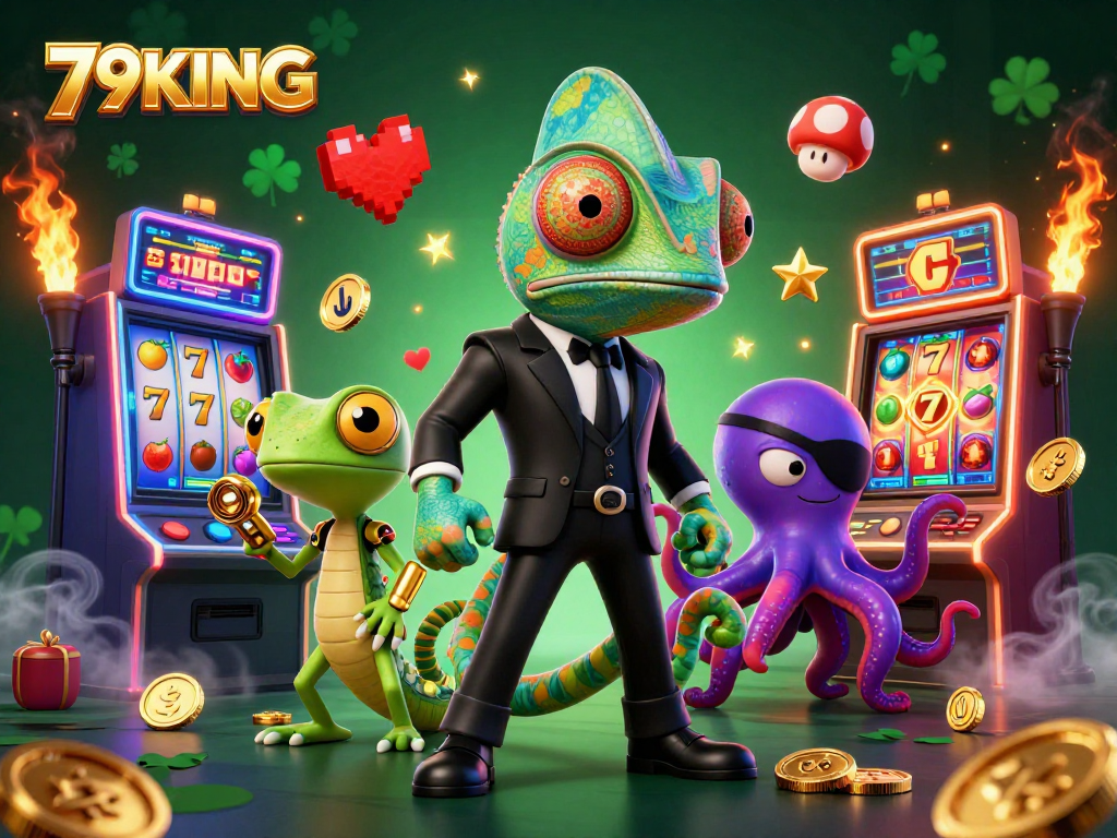 Engage with 79KING's colorful slot machines and characters in a thrilling casino scene.