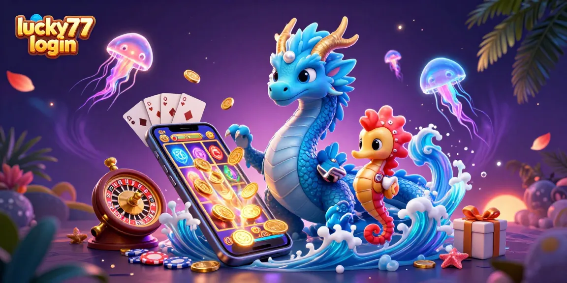 Engage with the vibrant lucky77 login scene featuring a water dragon, seahorse knight, and glowing jellyfish amid dynamic casino elements.