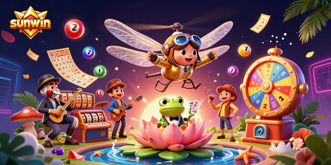 Experience the excitement of sunwin as a dragonfly pilot navigates a vibrant lily pad casino filled with lively game elements.