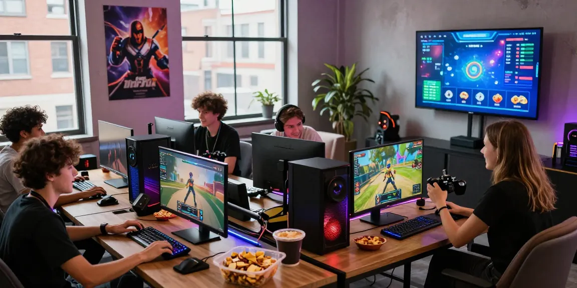 Friends playing games together at www.loginmantra88.com in a vibrant gaming setup with snacks and colorful lights.
