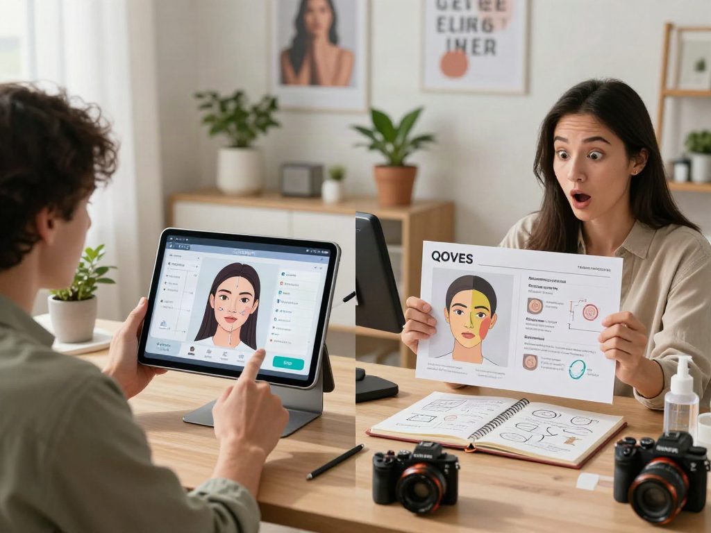 Comparing ClinicEvo vs QOVES facial analysis technologies in modern home office, showcasing interactive features and user expressions.