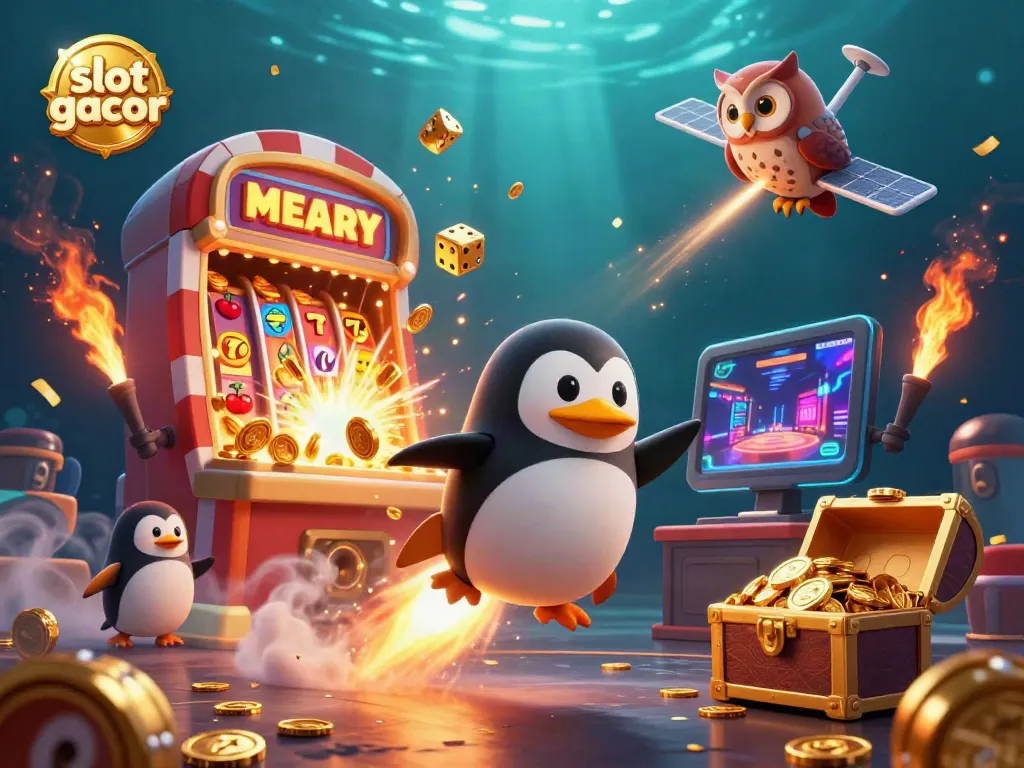 Experience the excitement of slot gacor with a golden penguin launching towards a casino space station and jackpot.