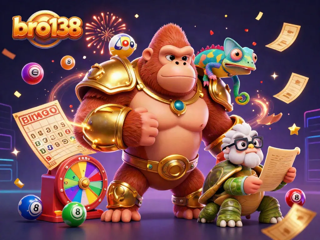 Engage with bro138's vibrant casino world through a lively illustration featuring unique characters and dynamic gaming elements.