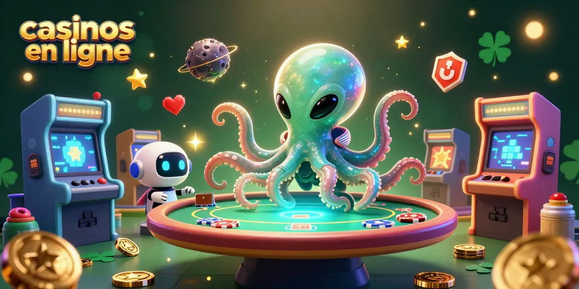 Illustration d'un octopus alien jouant au poker dans un casino en ligne animé avec des éléments de jeu captivants.