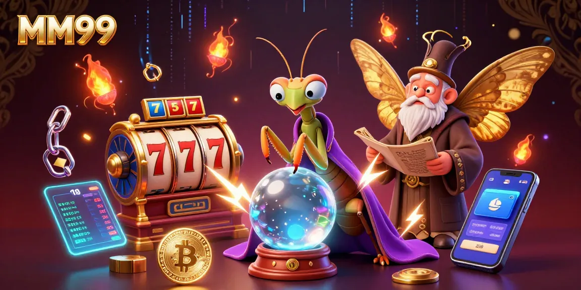Experience the excitement of MM99 with a vibrant casino-themed 3D illustration featuring mystical characters and gaming elements.