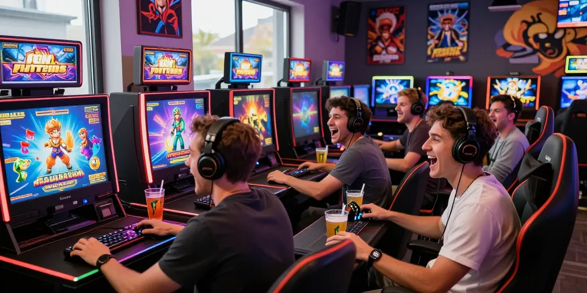 Friends enjoying a gaming session with colorful เกมสล็อต slot machines in a vibrant lounge atmosphere.