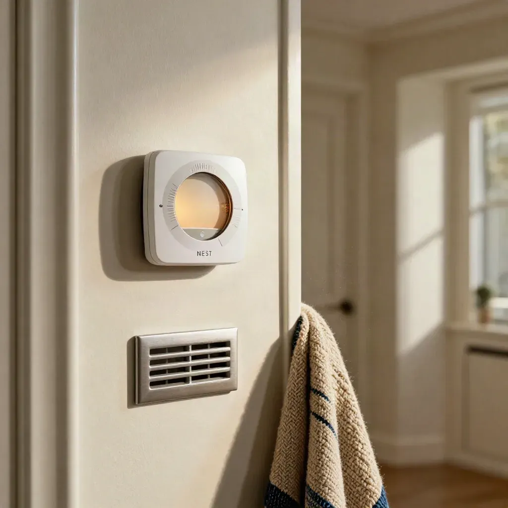 Nest thermostat above a hallway vent with warm air shimmer and a folded throw at the edge.