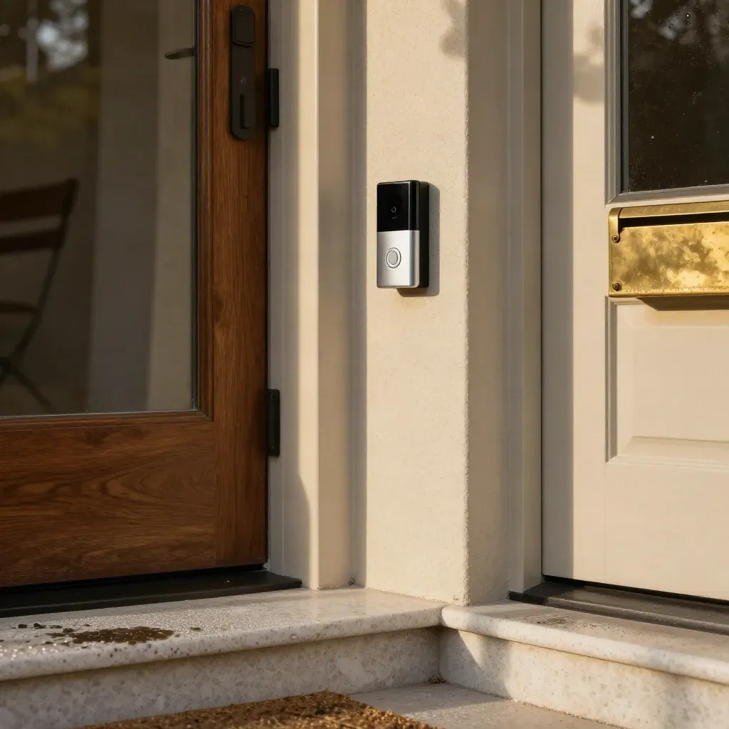 Nest doorbell beside a brass mailbox on a misty travertine entry porch.