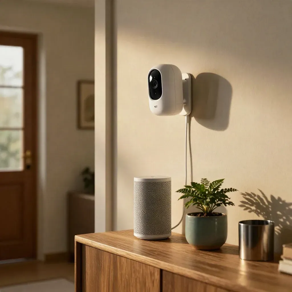 Nest camera setup on an entry console with Wi‑Fi node, plant, and warm late-afternoon light.