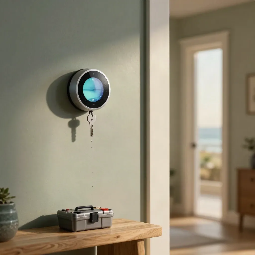 Finished Nest thermostat and doorbell on an entry wall with repair kit and drizzle glow