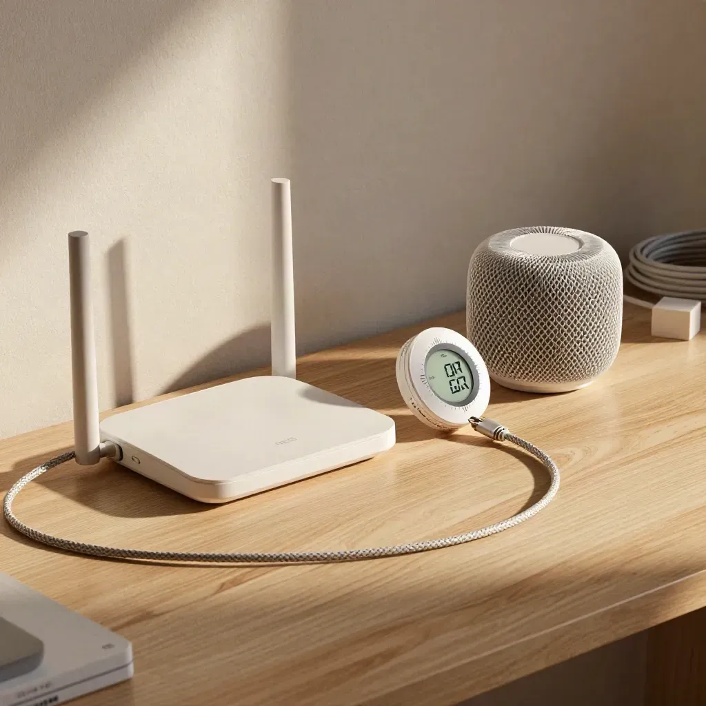 Nest thermostat base, router, mesh puck and braided cable on a sunlit pale desk