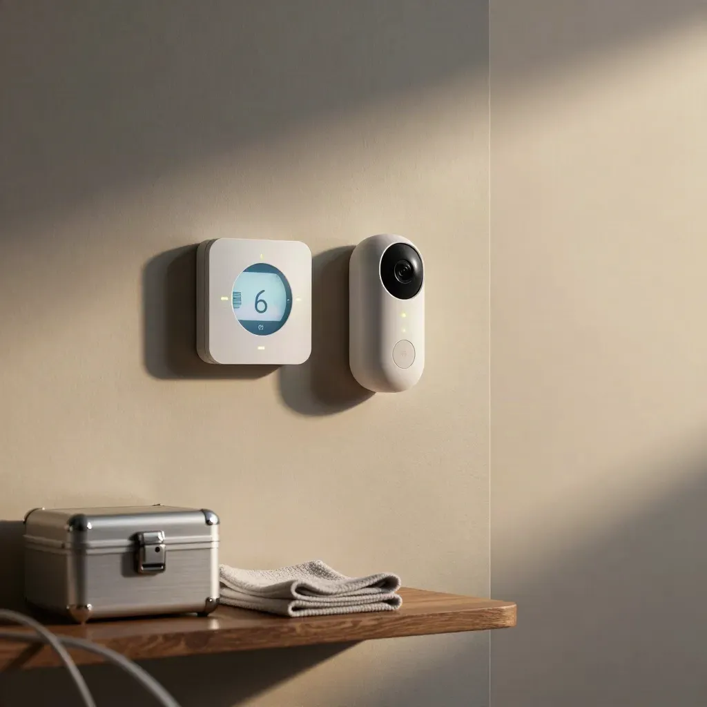 Nest thermostat, camera and doorbell beside a closed service case on a plaster wall after an update.