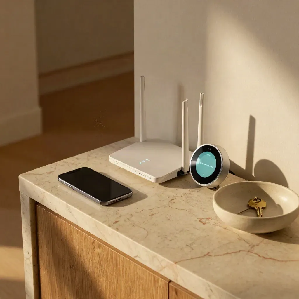 Face-down phone, router, Nest cradle and key bowl on a marble console in warm window light.