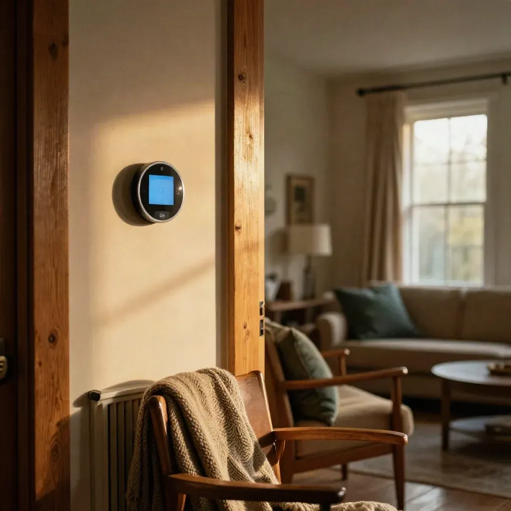 Cozy living room corner with glowing Nest thermostat, warm baseboard heat, and a wool throw on a chair.