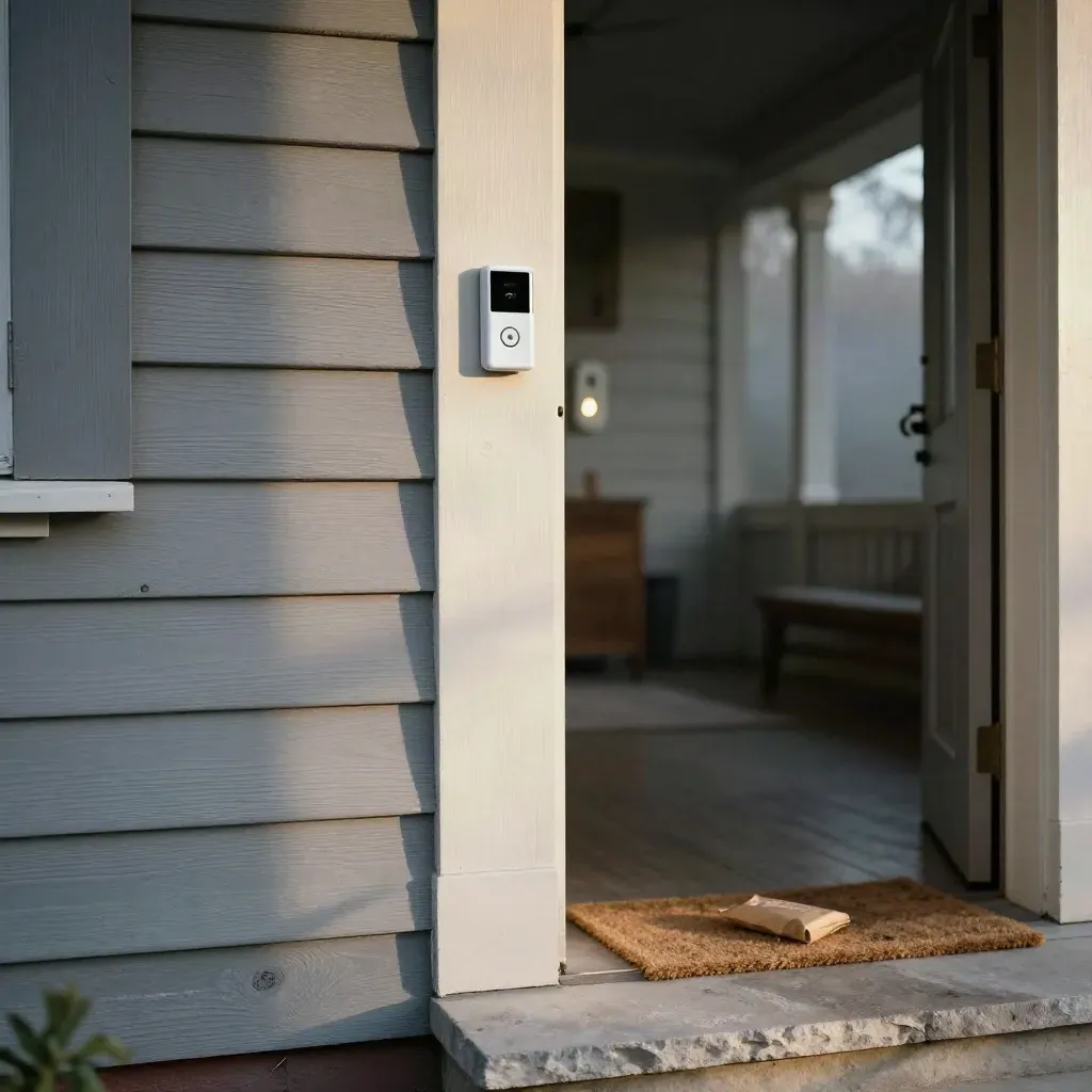 Restored Nest doorbell on a misty porch with a white chime glowing through the sidelight