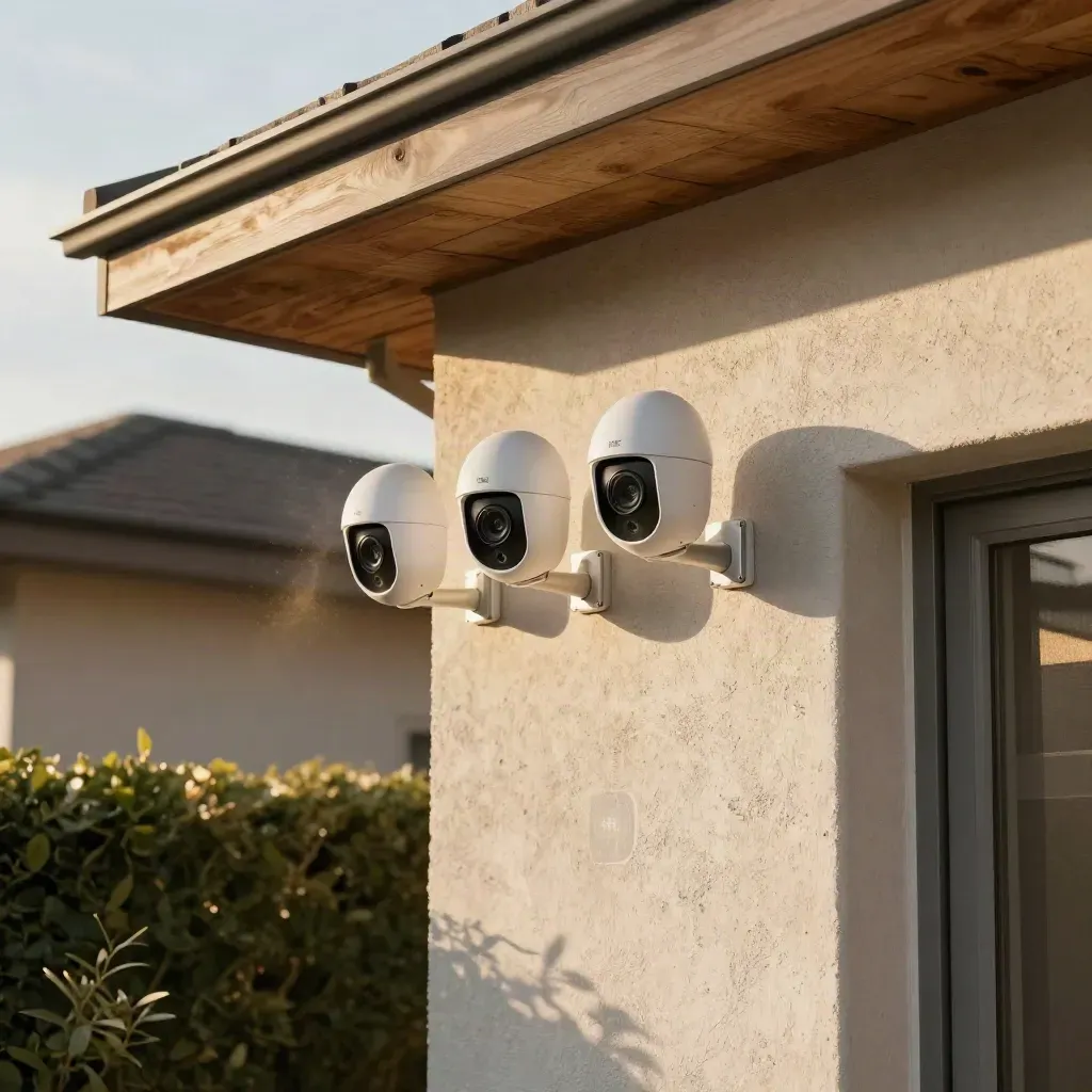 Three Nest cameras mounted on a bungalow exterior with a mesh node behind a window.