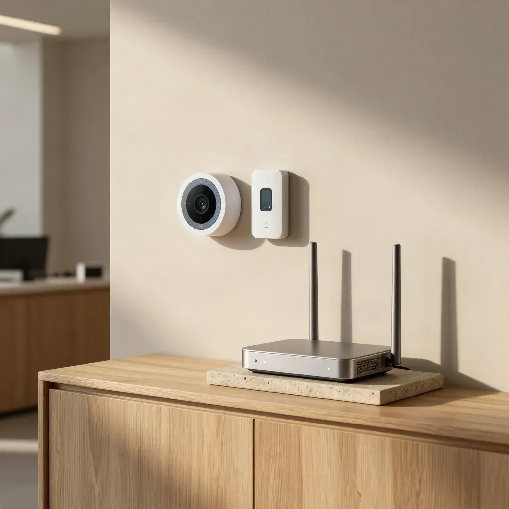 Office reception wall with active Nest devices, router hub, and a clean credenza in soft daylight.