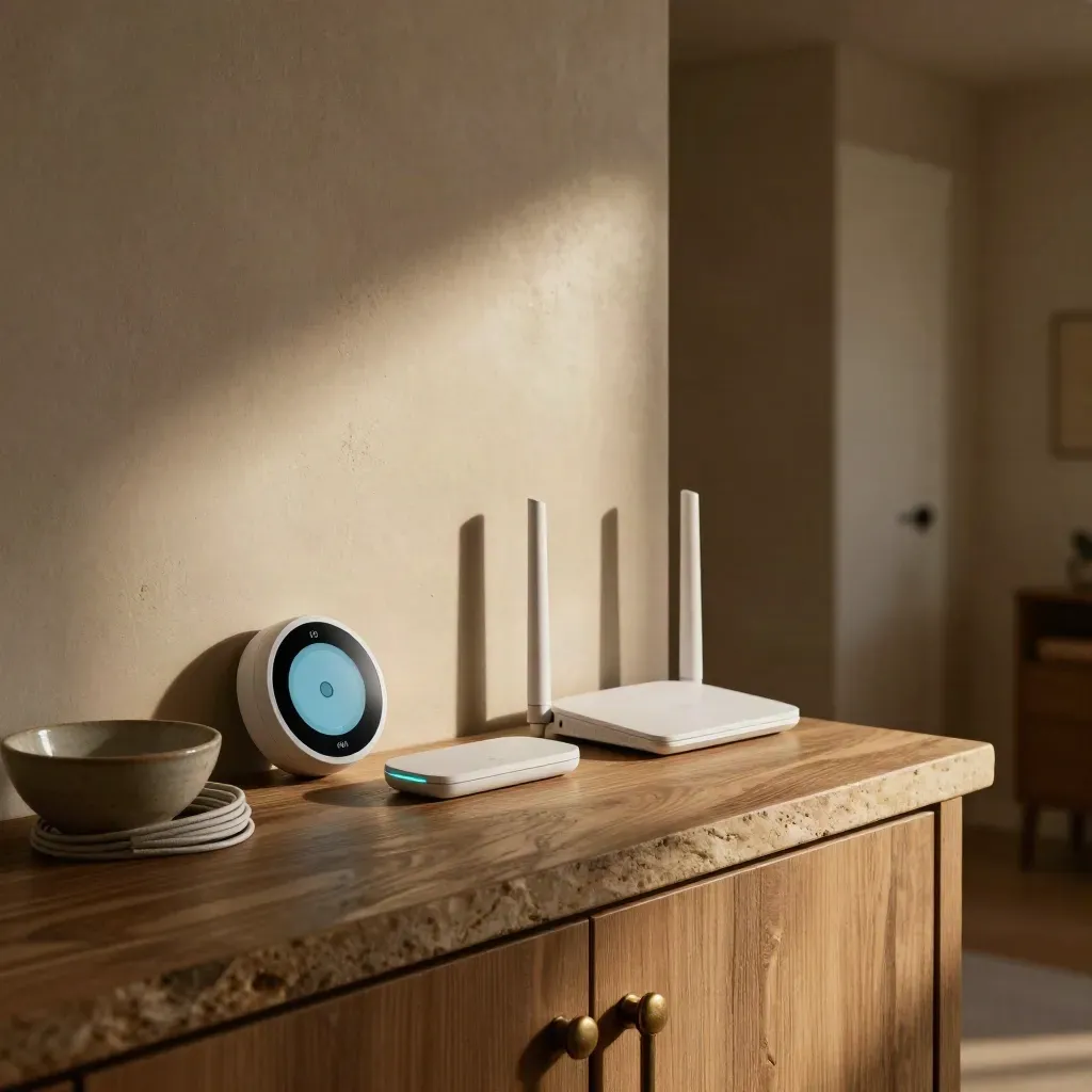 Restored Nest thermostat, router, phone dock and ceramic bowl in a moody alcove.