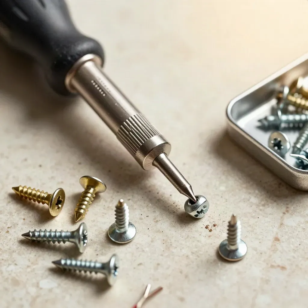 Macro tools for Nest thermostat repair on travertine, with screws and terminal connectors.