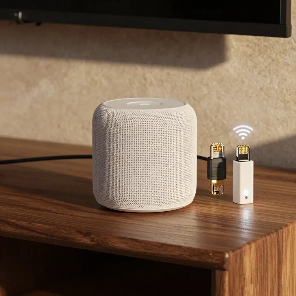 Mesh Wi‑Fi node with ethernet couplers and signal module on a walnut shelf