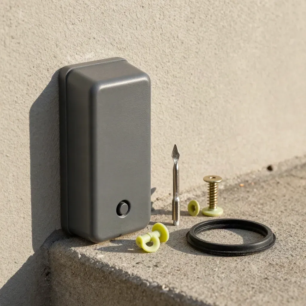 Doorbell wedge mount, masonry bit, anchor kit, and gasket on a dusty concrete stoop.