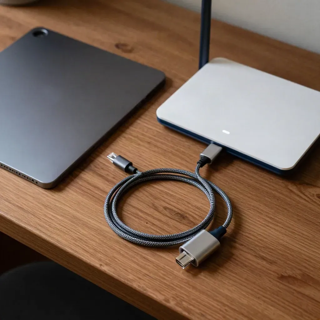 Top-down still life of a tablet, phone dock, router, and braided cable on warm wood.
