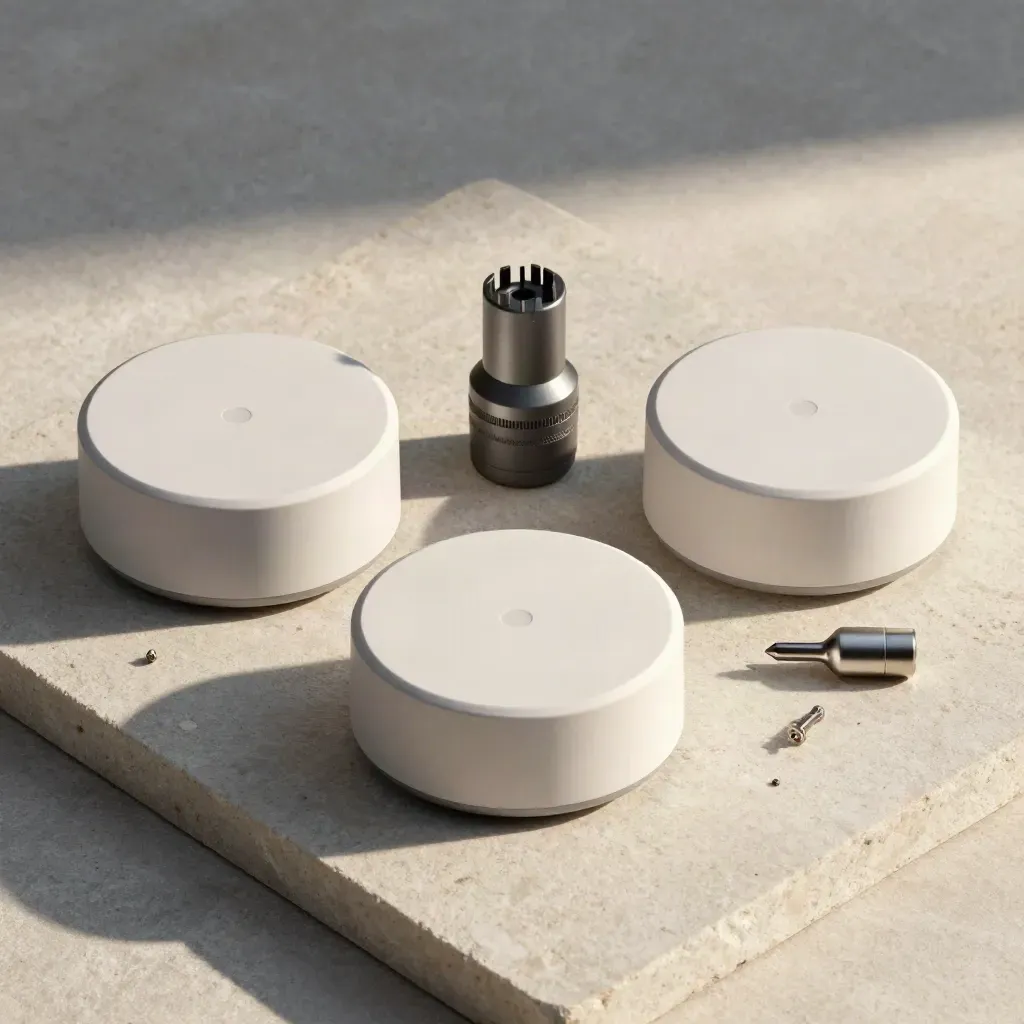 Nest device shells, router puck, and bit set on pale stone in a clean diagnostic flatlay