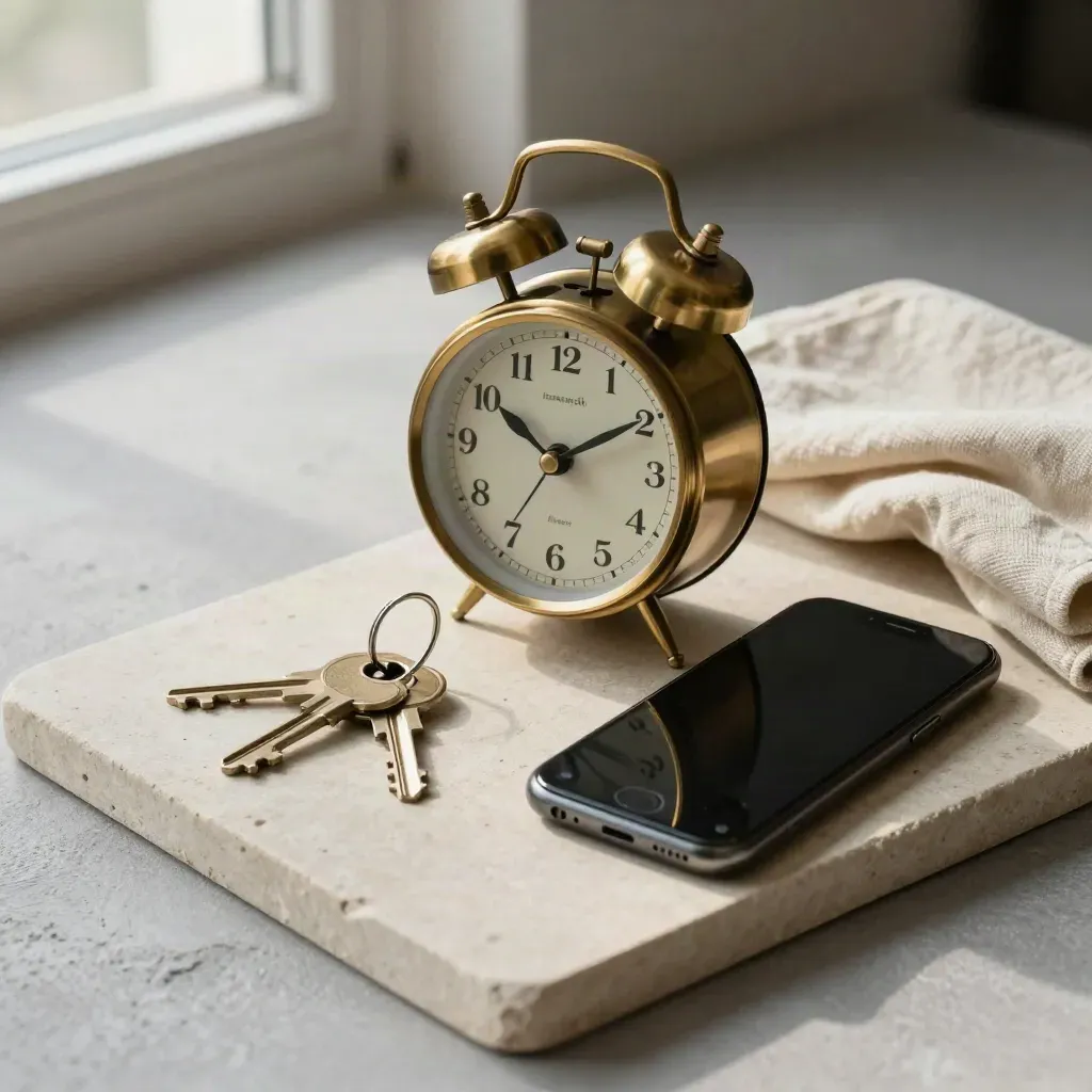 Brass clock, house key, and face-down phone on a stone tray with a linen cloth.